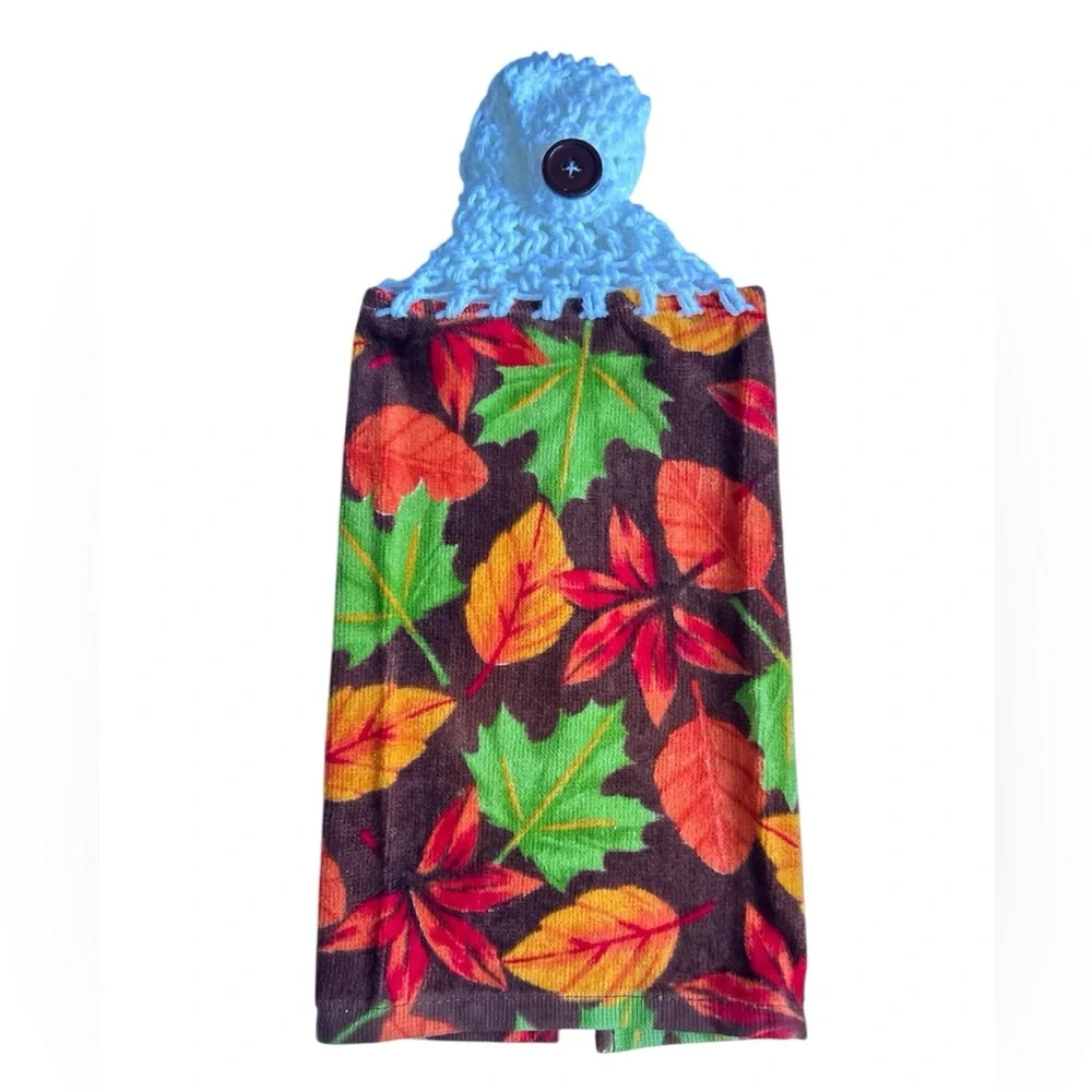 HAND CRAFTED Colorful Fall Leaves Crochet Top Hanging Kitchen Hand Towel